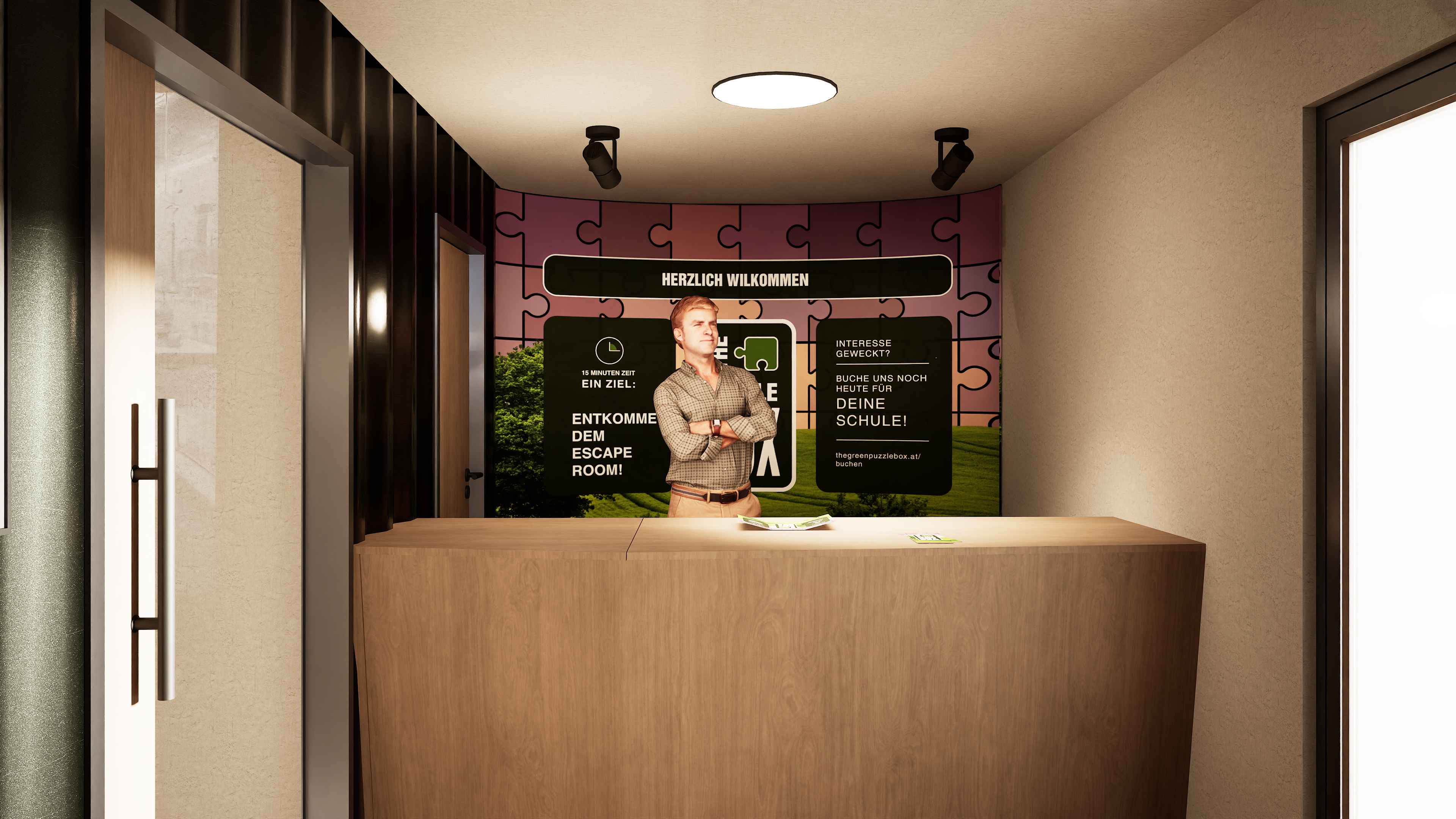 Reception desk with welcome display