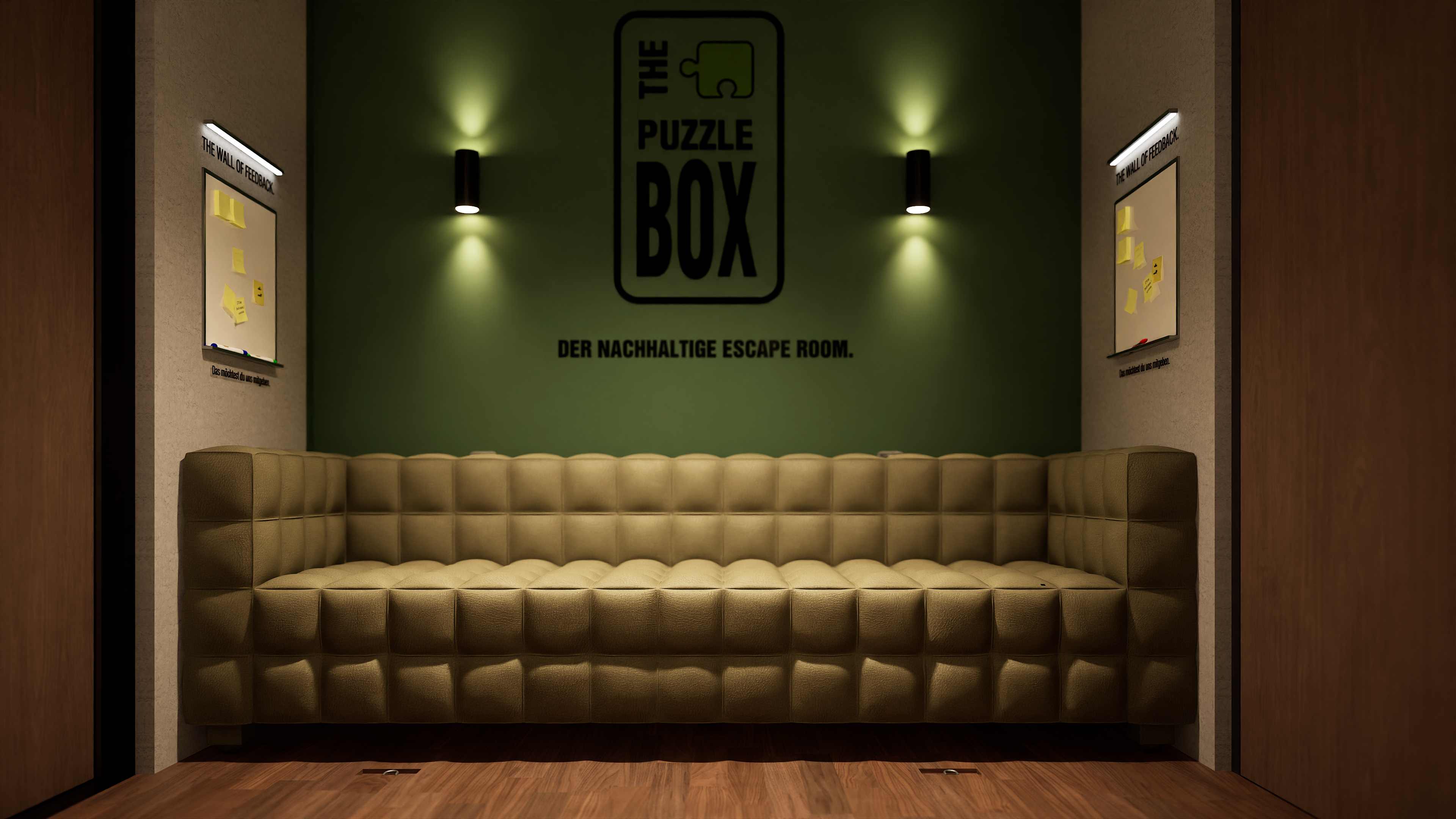 Lounge area with The Puzzle Box branding